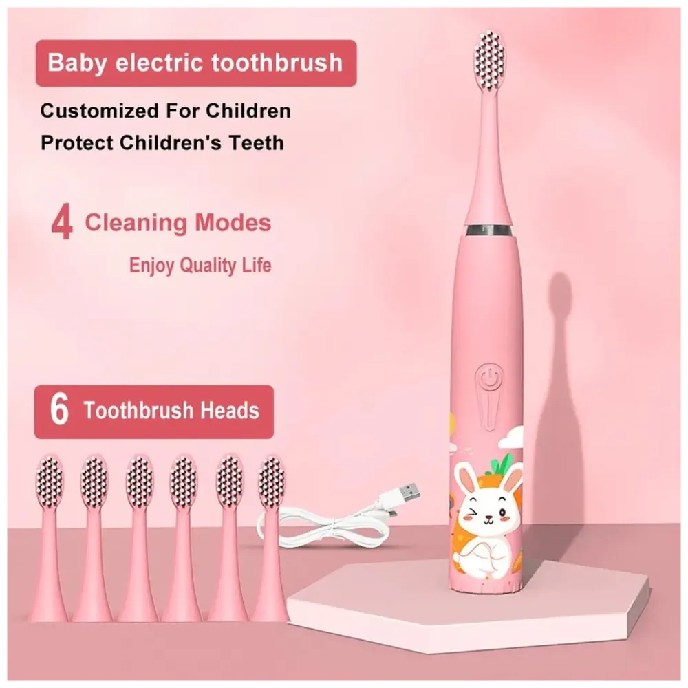 Bioline Kids Children Electric Automatic Toothbrush Kit With 6 Brushes,4 Modes Of Bunny Pink Cartoon Animals Tooth Cleaner Set Oral Care Electric Toothbrush Dental Tools For Age 3-15 Years - 1 Piece