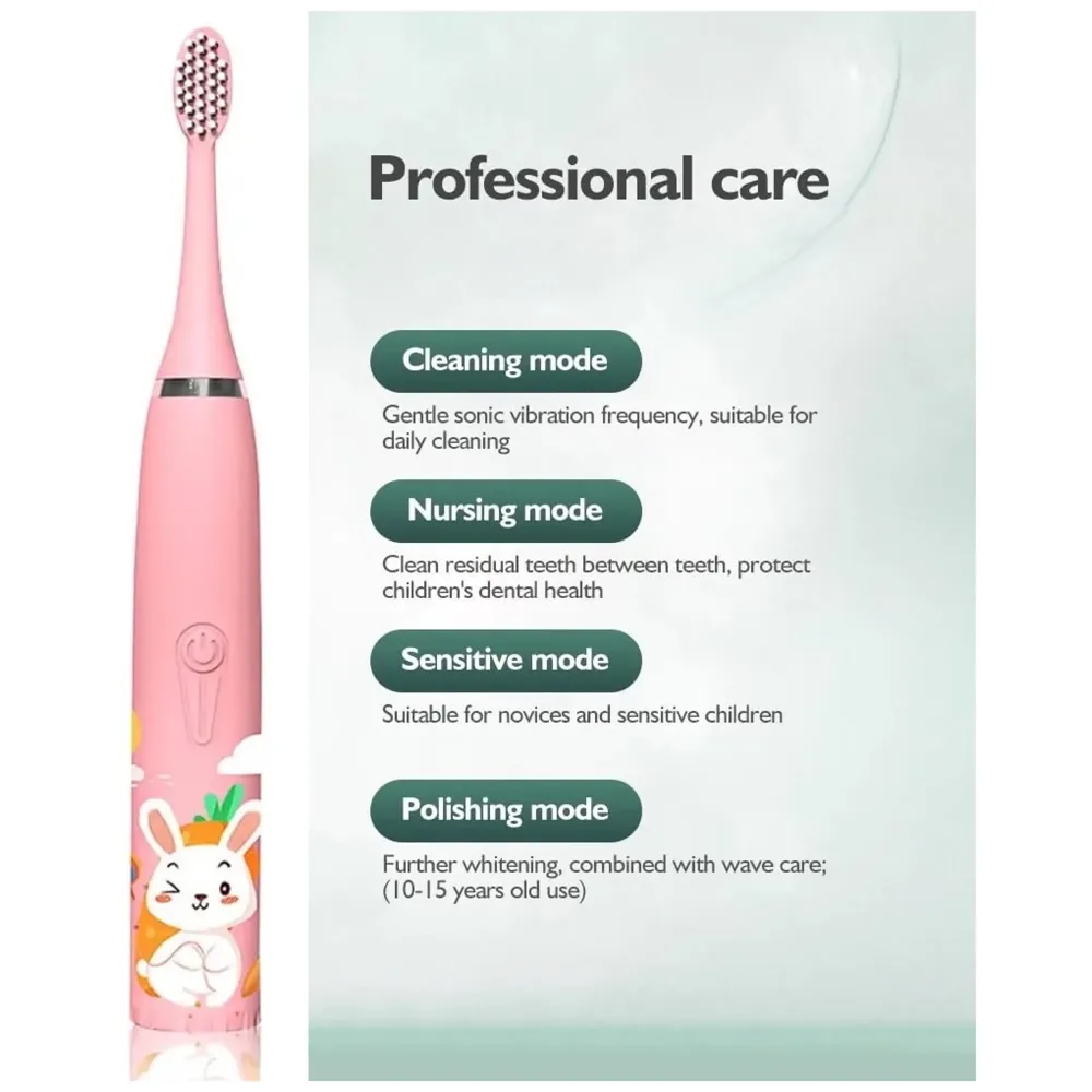 Bioline Kids Children Electric Automatic Toothbrush Kit With 6 Brushes,4 Modes Of Bunny Pink Cartoon Animals Tooth Cleaner Set Oral Care Electric Toothbrush Dental Tools For Age 3-15 Years - 1 Piece