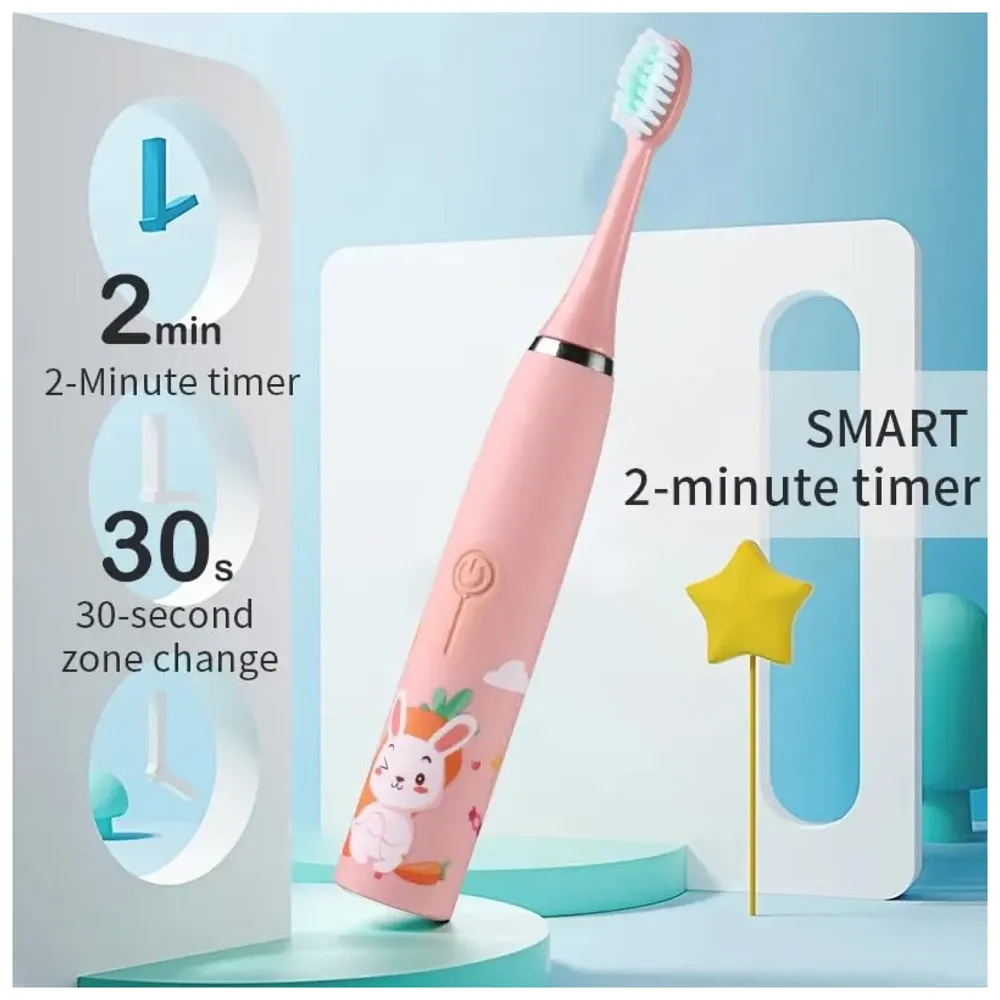 Bioline Kids Children Electric Automatic Toothbrush Kit With 6 Brushes,4 Modes Of Bunny Pink Cartoon Animals Tooth Cleaner Set Oral Care Electric Toothbrush Dental Tools For Age 3-15 Years - 1 Piece