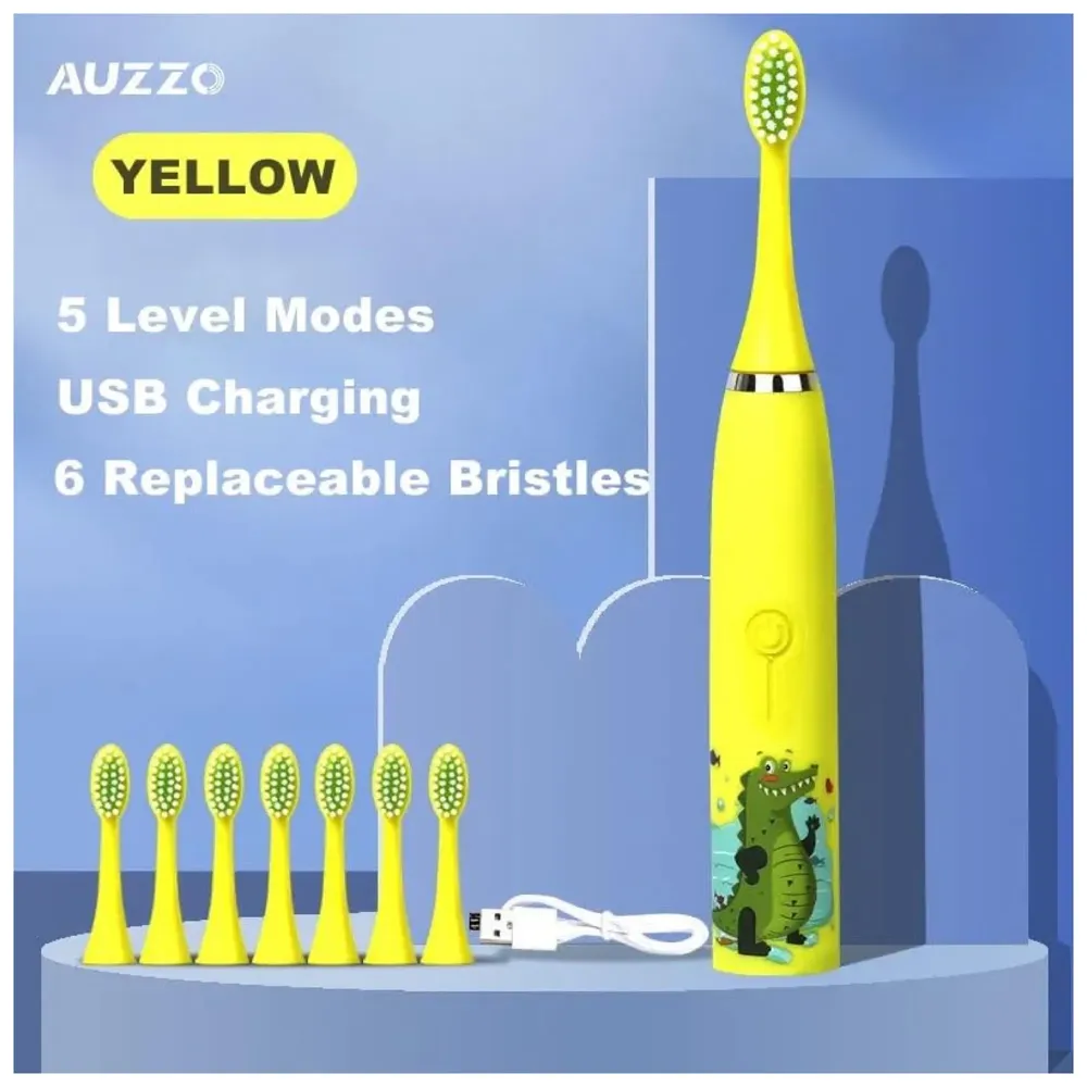 Bioline Kids Children Electric Automatic Toothbrush Kit With 6 Brushes, 4 Modes Of Cleaning Crocodile Green Cartoon Animals Tooth Cleaner Set Oral Care Electric Toothbrush tools For Age 3-15 Years - 2