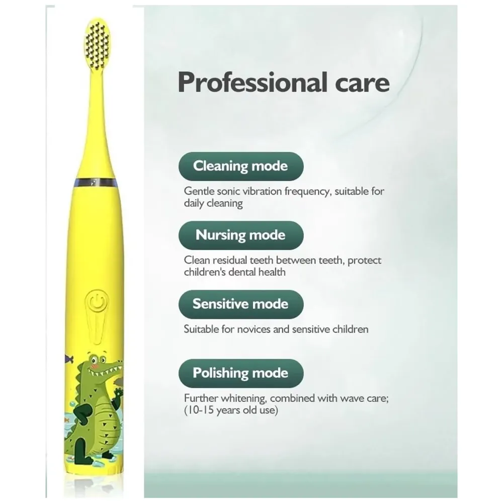 Bioline Kids Children Electric Automatic Toothbrush Kit With 6 Brushes, 4 Modes Of Cleaning Crocodile Green Cartoon Animals Tooth Cleaner Set Oral Care Electric Toothbrush tools For Age 3-15 Years - 3