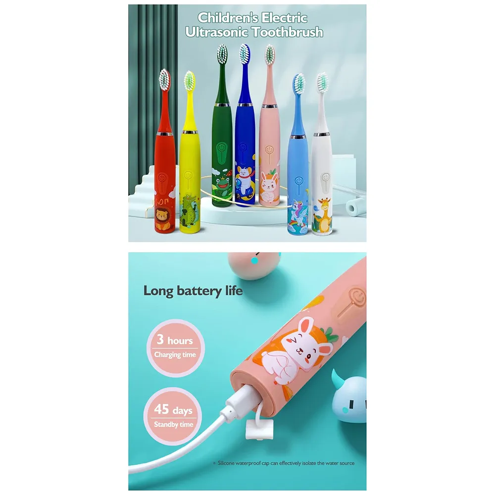 Kids Children Electric Automatic Toothbrush Kit With 6 Brushes, 4 Modes Of Cleaning Crocodile Green Cartoon Animals Tooth Cleaner Set Oral Care Electric Toothbrush tools For Age 3-15 Y Premium