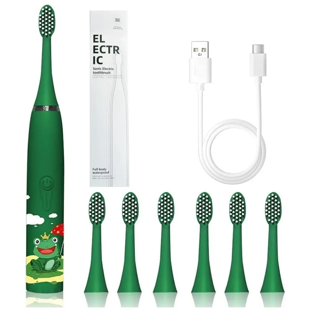 Bioline Kids Children Electric Automatic Toothbrush Kit With 6 Brushes, 4 Modes Of Cleaning Frog Green Cartoon Animals Tooth Cleaner Set Oral Care Electric Toothbrush Dental tools For Age 3-15 Years