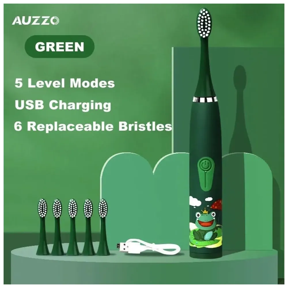 Bioline Kids Children Electric Automatic Toothbrush Kit With 6 Brushes, 4 Modes Of Cleaning Frog Green Cartoon Animals Tooth Cleaner Set Oral Care Electric Toothbrush Dental tools For Age 3-15 Years