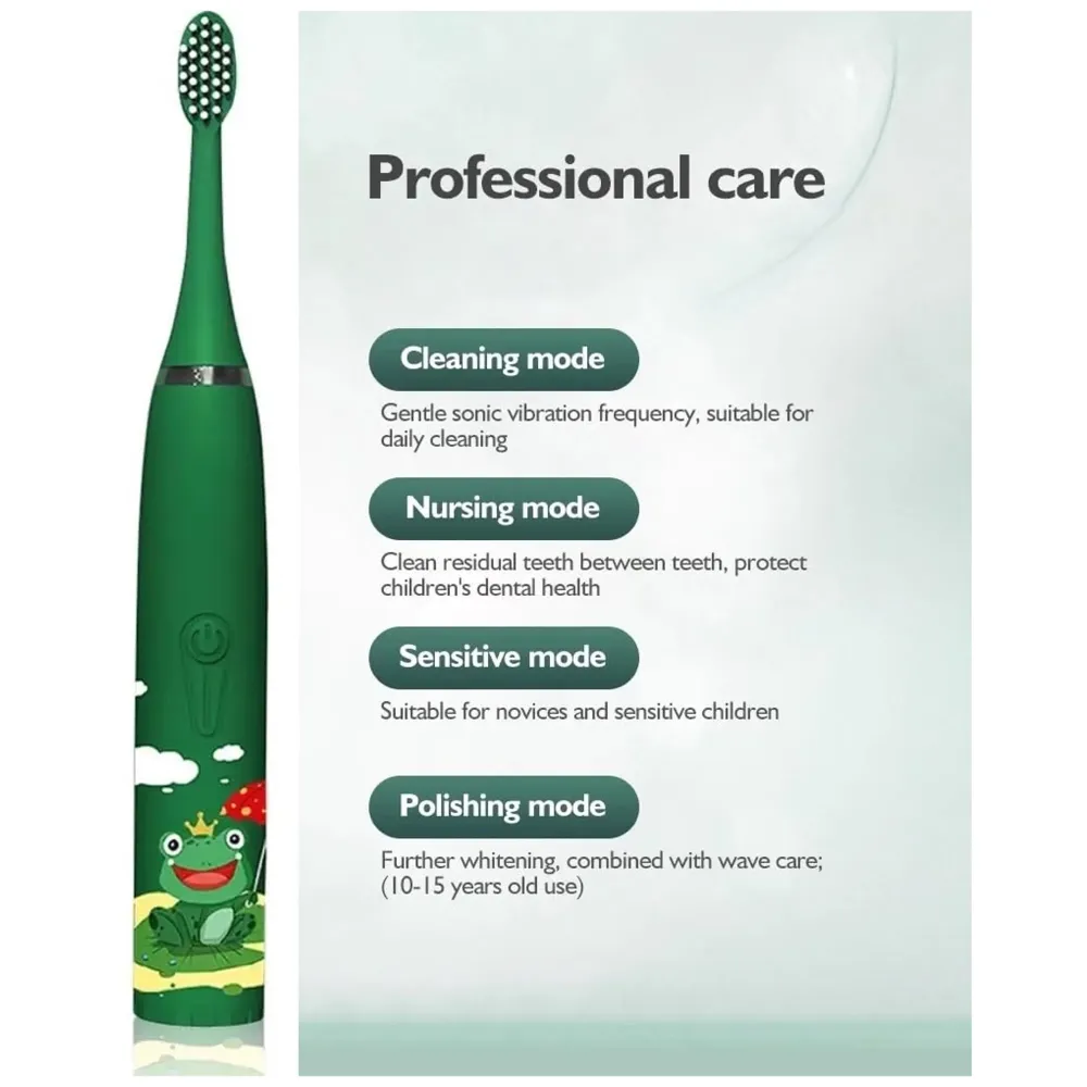 Bioline Kids Children Electric Automatic Toothbrush Kit With 6 Brushes, 4 Modes Of Cleaning Frog Green Cartoon Animals Tooth Cleaner Set Oral Care Electric Toothbrush Dental tools For Age 3-15 Years