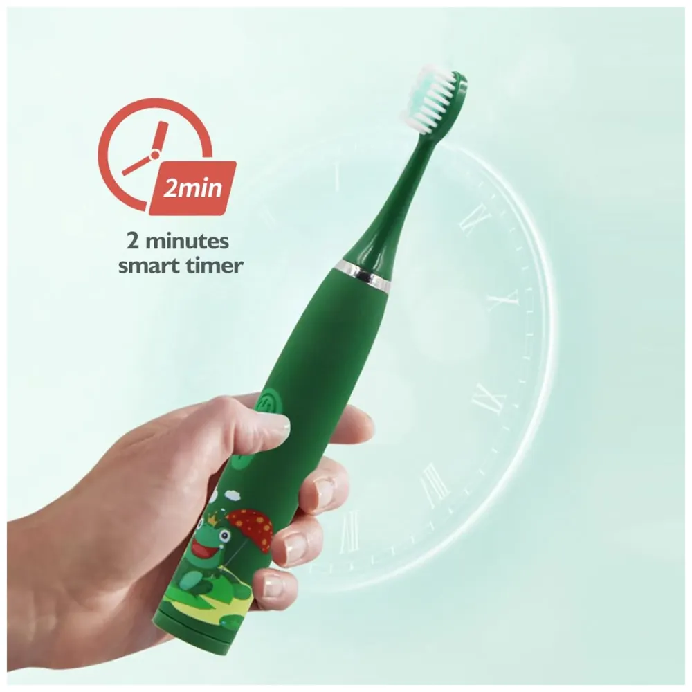 Bioline Kids Children Electric Automatic Toothbrush Kit With 6 Brushes, 4 Modes Of Cleaning Frog Green Cartoon Animals Tooth Cleaner Set Oral Care Electric Toothbrush Dental tools For Age 3-15 Years