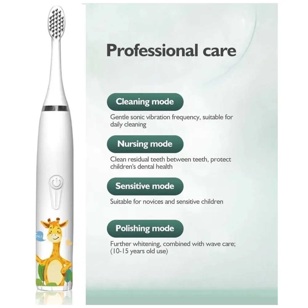 Bioline Kids Children Electric Automatic Toothbrush Kit With 6 Brushes,4 Modes Of Cleaning Giraffe White Cartoon Animals Tooth Cleaner Set Oral Care Electric Toothbrush Tools For Age3-15Years,1Piece - 2