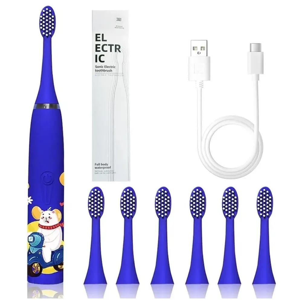 Bioline Kids Children Electric Automatic Toothbrush Kit With 6Brushes,4Modes Of Cleaning Bear Blue Cartoon Animals Tooth Cleaner Set OralCare Electric Toothbrush DentalTools For Age 3-15Years,1Piece
