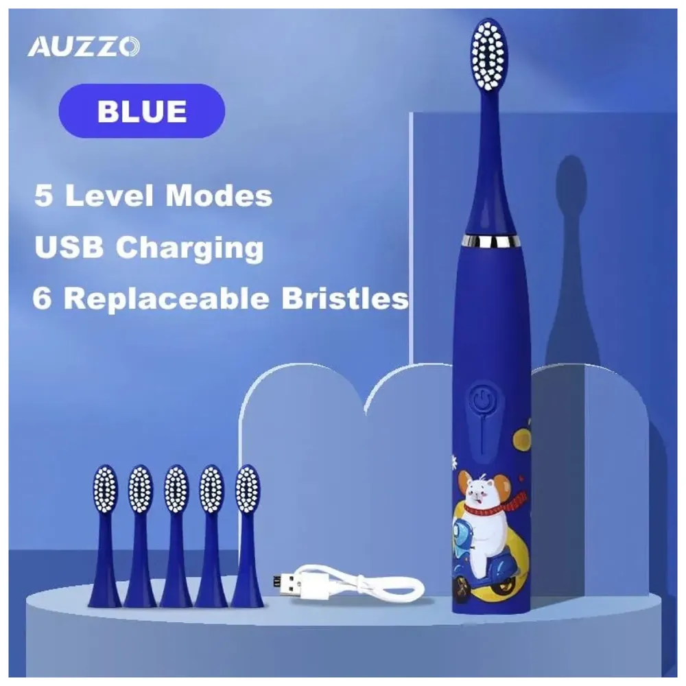 Bioline Kids Children Electric Automatic Toothbrush Kit With 6Brushes,4Modes Of Cleaning Bear Blue Cartoon Animals Tooth Cleaner Set OralCare Electric Toothbrush DentalTools For Age 3-15Years,1Piece - 2