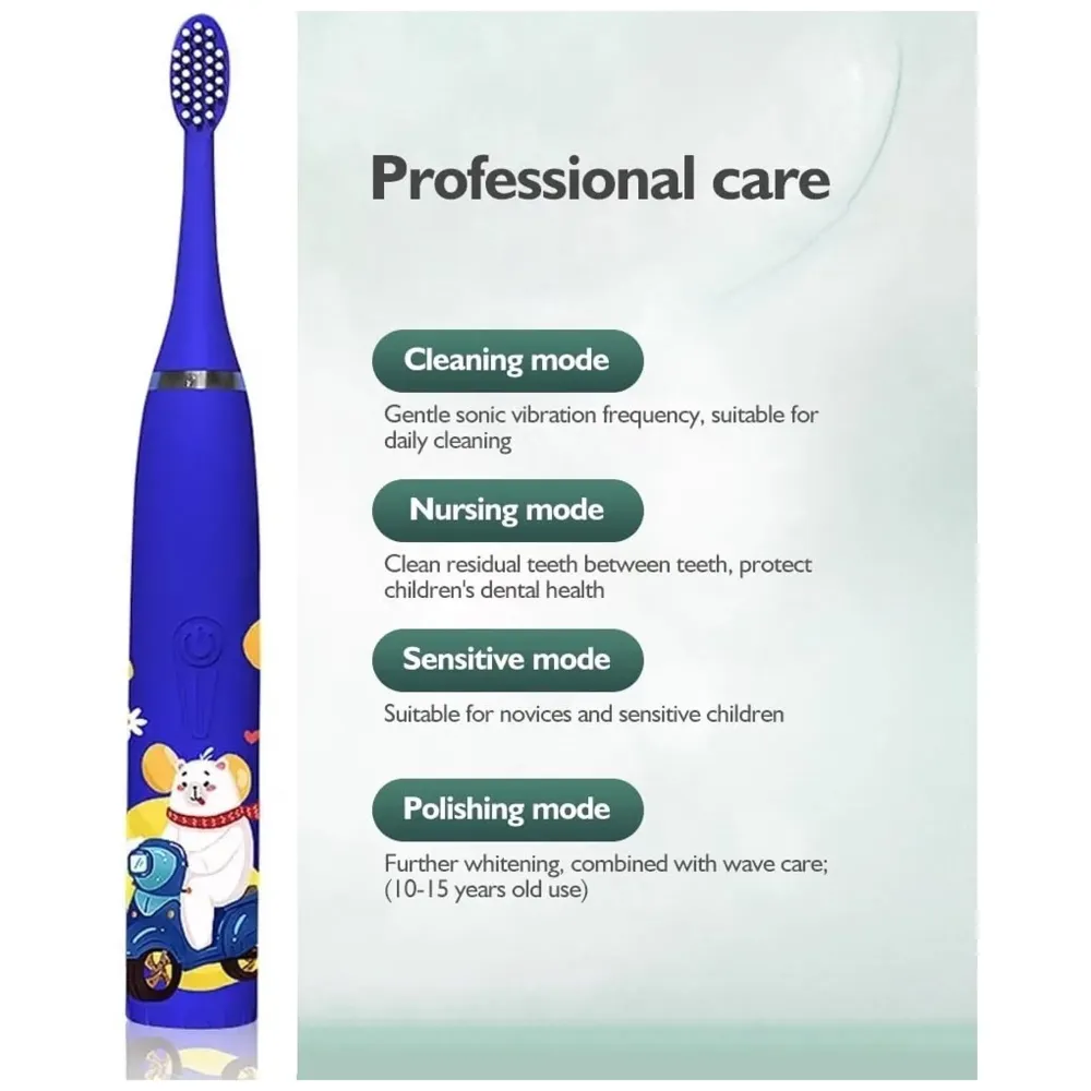 Bioline Kids Children Electric Automatic Toothbrush Kit With 6Brushes,4Modes Of Cleaning Bear Blue Cartoon Animals Tooth Cleaner Set OralCare Electric Toothbrush DentalTools For Age 3-15Years,1Piece - 3