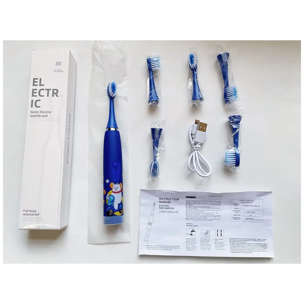 Bioline Kids Children Electric Automatic Toothbrush Kit With 6Brushes,4Modes Of Cleaning Bear Blue Cartoon Animals Tooth Cleaner Set OralCare Electric Toothbrush DentalTools For Age 3-15Years,1Piece - 9
