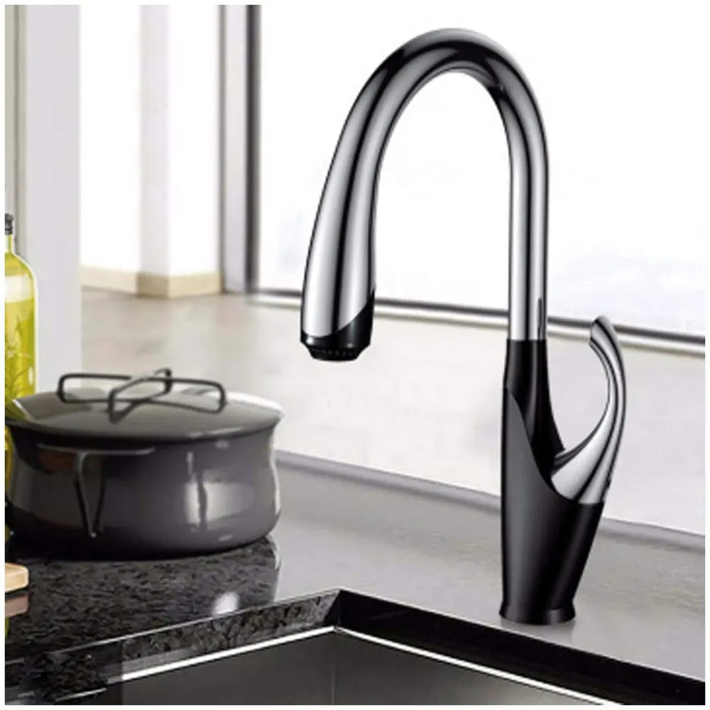 Pull Out Kitchen Sink Mixer with 360 Swivel Spout and Pull-Down 3-Flow Sprayer/Black and Chrome Finish Sink Faucet, Sink Tap, Black, Brass Material