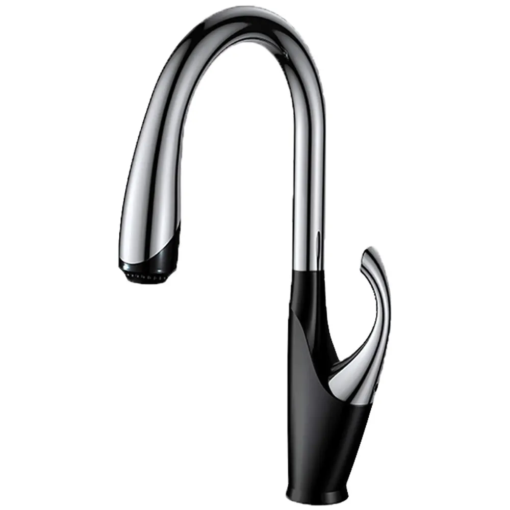 Pull Out Kitchen Sink Mixer with 360 Swivel Spout and Pull-Down 3-Flow Sprayer/Black and Chrome Finish Sink Faucet, Sink Tap, Black, Brass Material