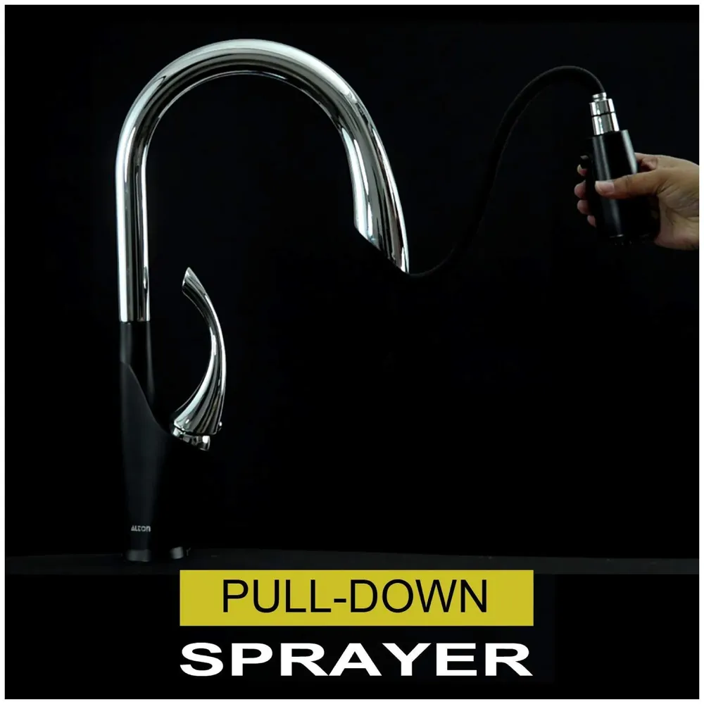 Pull Out Kitchen Sink Mixer with 360 Swivel Spout and Pull-Down 3-Flow Sprayer/Black and Chrome Finish Sink Faucet, Sink Tap, Black, Brass Material