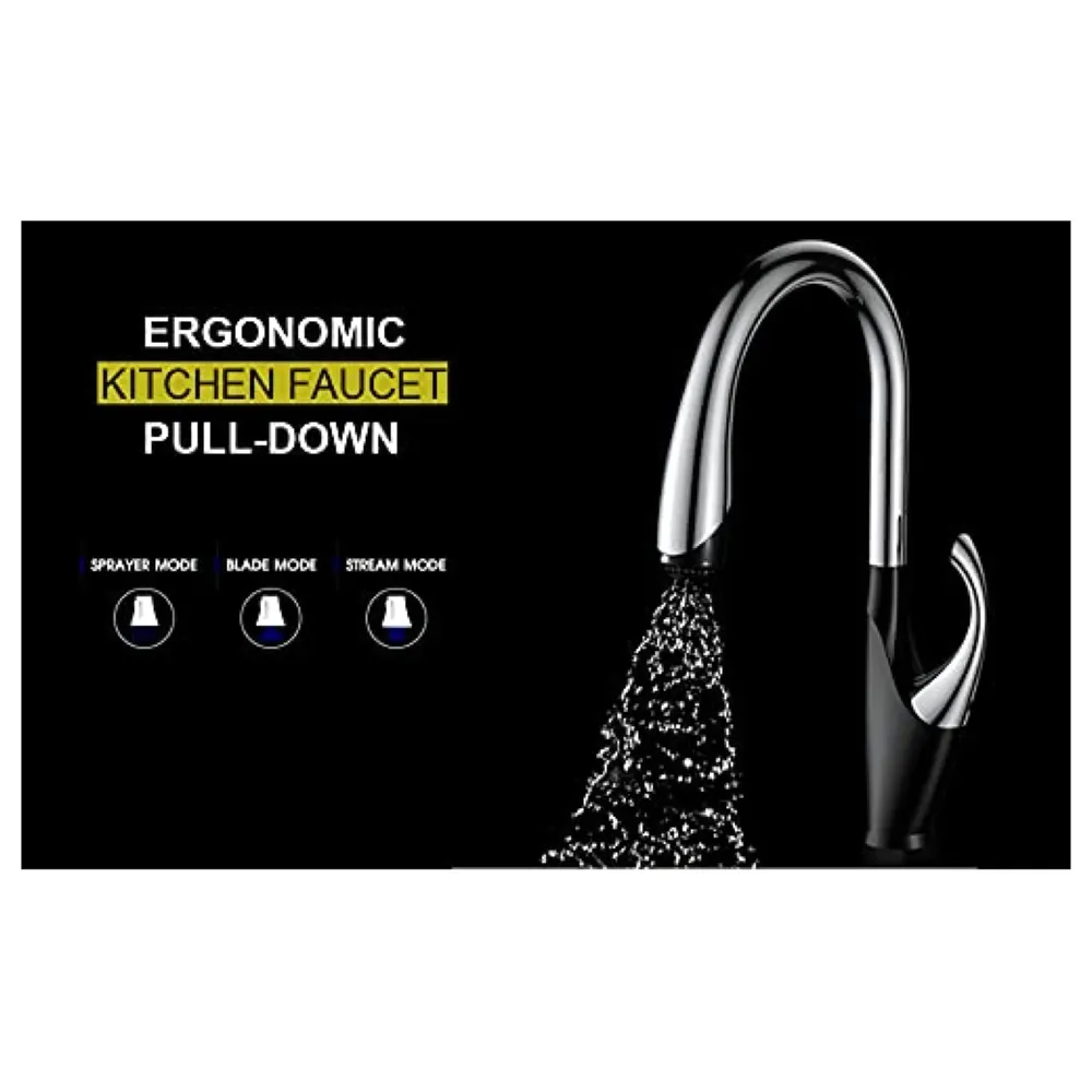 Pull Out Kitchen Sink Mixer with 360 Swivel Spout and Pull-Down 3-Flow Sprayer/Black and Chrome Finish Sink Faucet, Sink Tap, Black, Brass Material