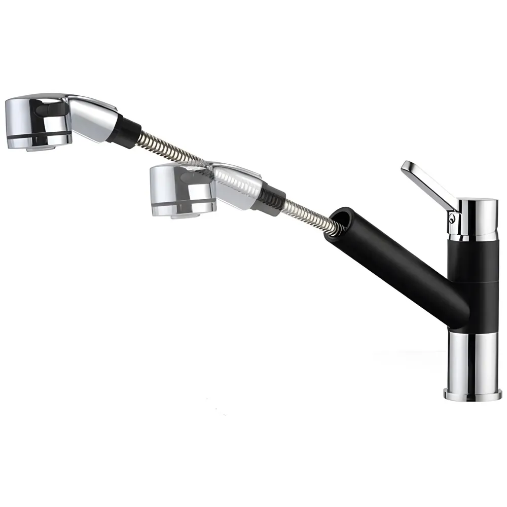 Short Single Lever Kitchen Sink Mixer with 360 Swivel Spout and Pull-Down Sprayer/Black and Chrome Finish Sink Faucet, Sink Tap, Black, Brass and Chrome Finish