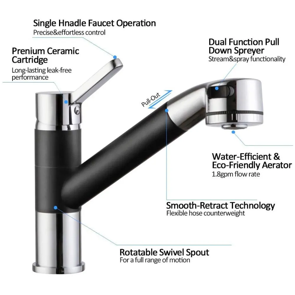 Short Single Lever Kitchen Sink Mixer with 360 Swivel Spout and Pull-Down Sprayer/Black and Chrome Finish Sink Faucet, Sink Tap, Black, Brass and Chrome Finish