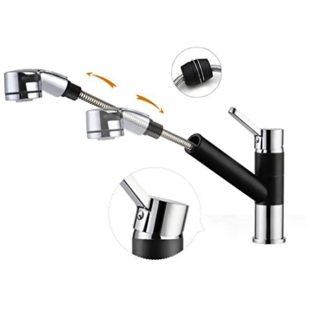Short Single Lever Kitchen Sink Mixer with 360 Swivel Spout and Pull-Down Sprayer/Black and Chrome Finish Sink Faucet, Sink Tap, Black, Brass and Chrome Finish