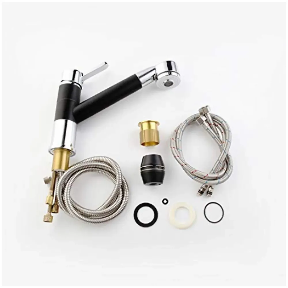 Short Single Lever Kitchen Sink Mixer with 360 Swivel Spout and Pull-Down Sprayer/Black and Chrome Finish Sink Faucet, Sink Tap, Black, Brass and Chrome Finish