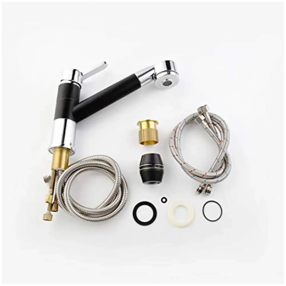 Short Single Lever Kitchen Sink Mixer with 360 Swivel Spout and Pull-Down Sprayer/Black and Chrome Finish Sink Faucet, Sink Tap, Black, Brass and Chrome Finish