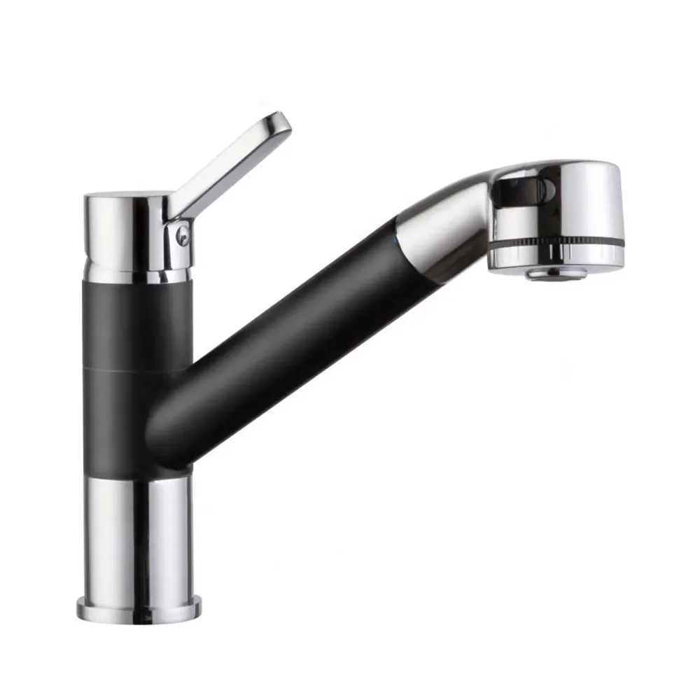 Short Single Lever Kitchen Sink Mixer with 360 Swivel Spout and Pull-Down Sprayer/Black and Chrome Finish Sink Faucet, Sink Tap, Black, Brass and Chrome Finish