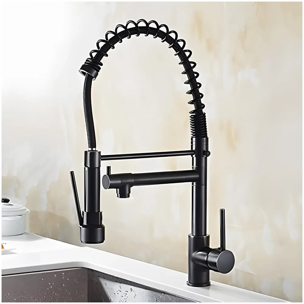 Black Kitchen Faucet 2 in 1, 2 Modes, Swivel Body and Bendable Pipe with Holder hot and Cold Water Mixer 50 Cm x 25 Cm, 360 Degree Rotation