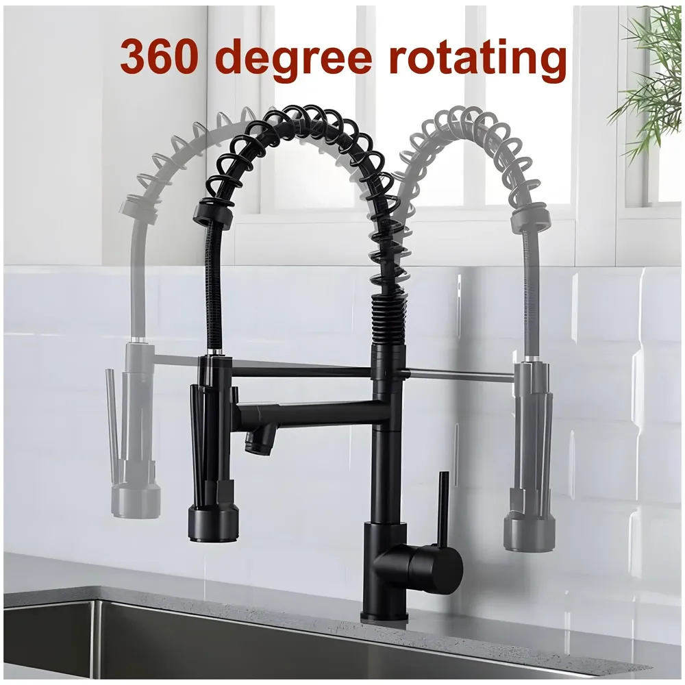 Black Kitchen Faucet 2 in 1, 2 Modes, Swivel Body and Bendable Pipe with Holder hot and Cold Water Mixer 50 Cm x 25 Cm, 360 Degree Rotation - 3