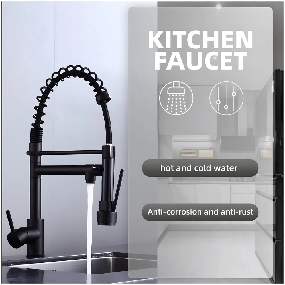 Black Kitchen Faucet 2 in 1, 2 Modes, Swivel Body and Bendable Pipe with Holder hot and Cold Water Mixer 50 Cm x 25 Cm, 360 Degree Rotation - 4