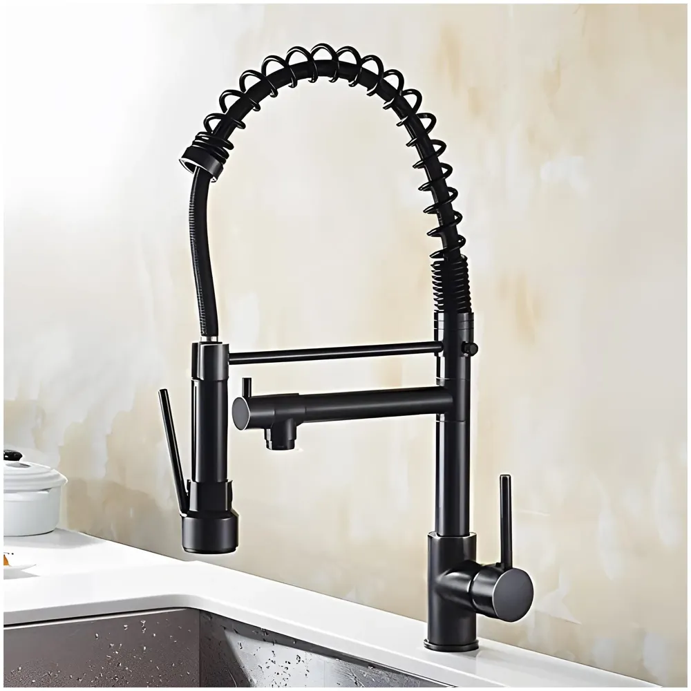 Black Kitchen Faucet 2 in 1, 2 Modes, Swivel Body and Bendable Pipe with Holder hot and Cold Water Mixer 50 Cm x 25 Cm, 360 Degree Rotation