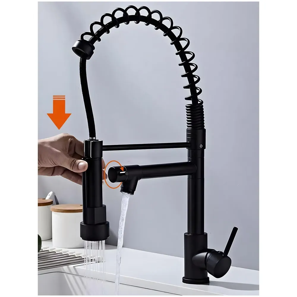 Black Kitchen Faucet 2 in 1, 2 Modes, Swivel Body and Bendable Pipe with Holder hot and Cold Water Mixer 50 Cm x 25 Cm, 360 Degree Rotation