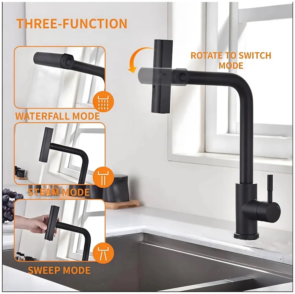 3 in 1 Black Kitchen Faucet. 3 Modes, Swivel Body and Pull Out Sprayer hot and Cold Water Mixer 36 Cm x 14 Cm, 360 Degree Rotation - 2
