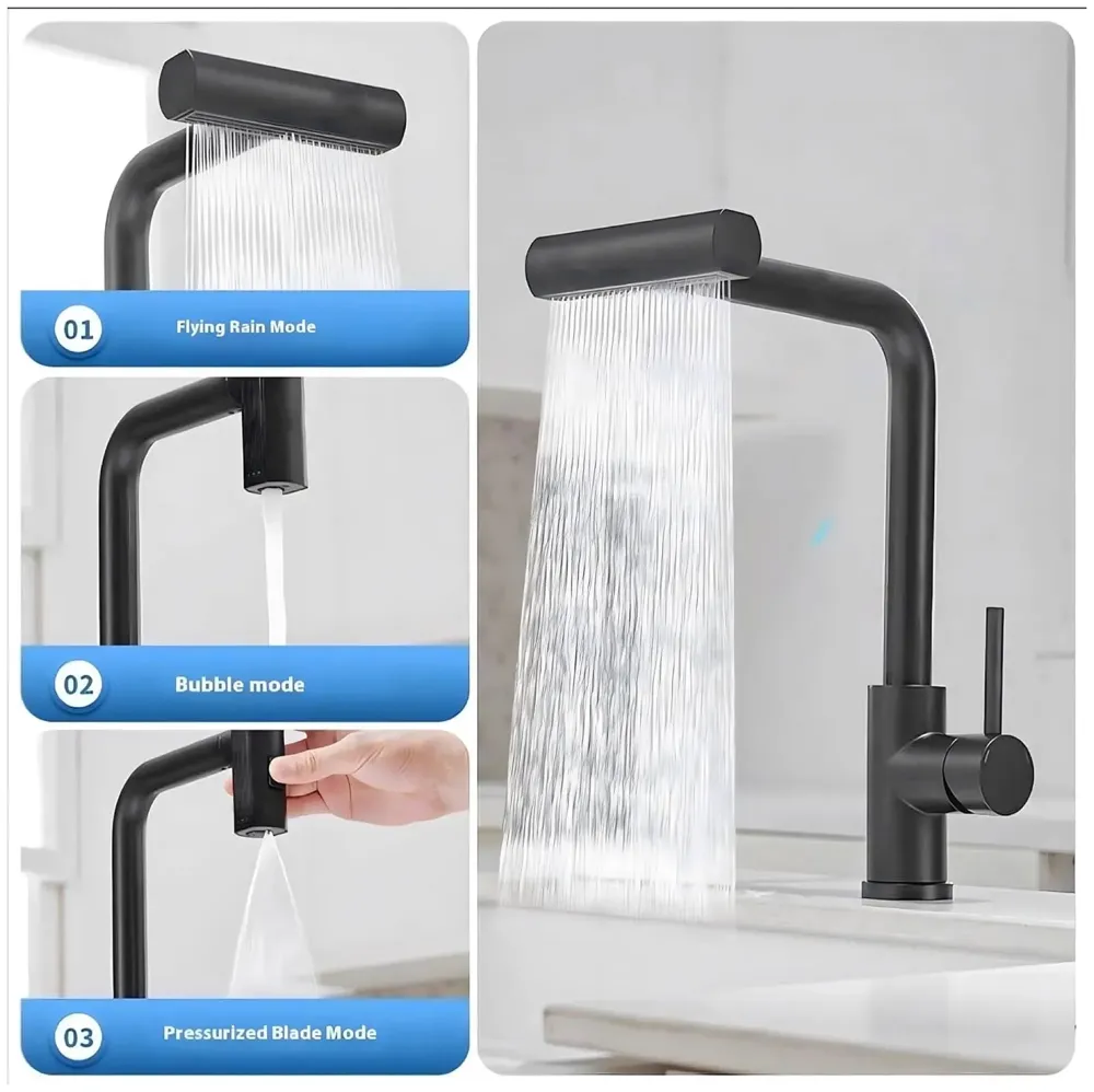 3 in 1 Black Kitchen Faucet. 3 Modes, Swivel Body and Pull Out Sprayer hot and Cold Water Mixer 36 Cm x 14 Cm, 360 Degree Rotation - 8