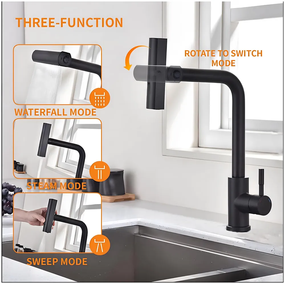 3 in 1 Black Kitchen Faucet. 3 Modes, Swivel Body and Pull Out Sprayer hot and Cold Water Mixer 36 Cm x 14 Cm, 360 Degree Rotation