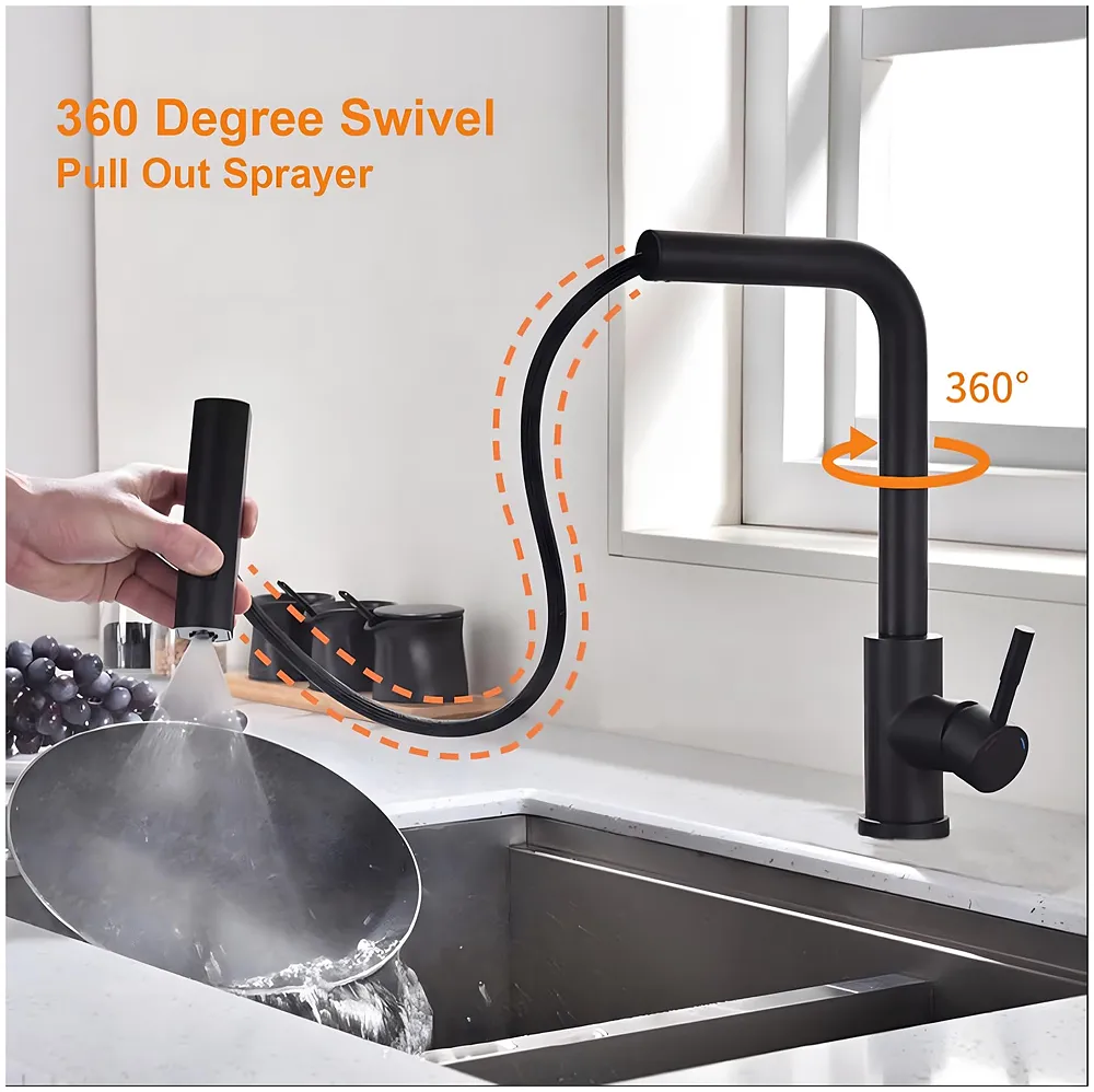 3 in 1 Black Kitchen Faucet. 3 Modes, Swivel Body and Pull Out Sprayer hot and Cold Water Mixer 36 Cm x 14 Cm, 360 Degree Rotation