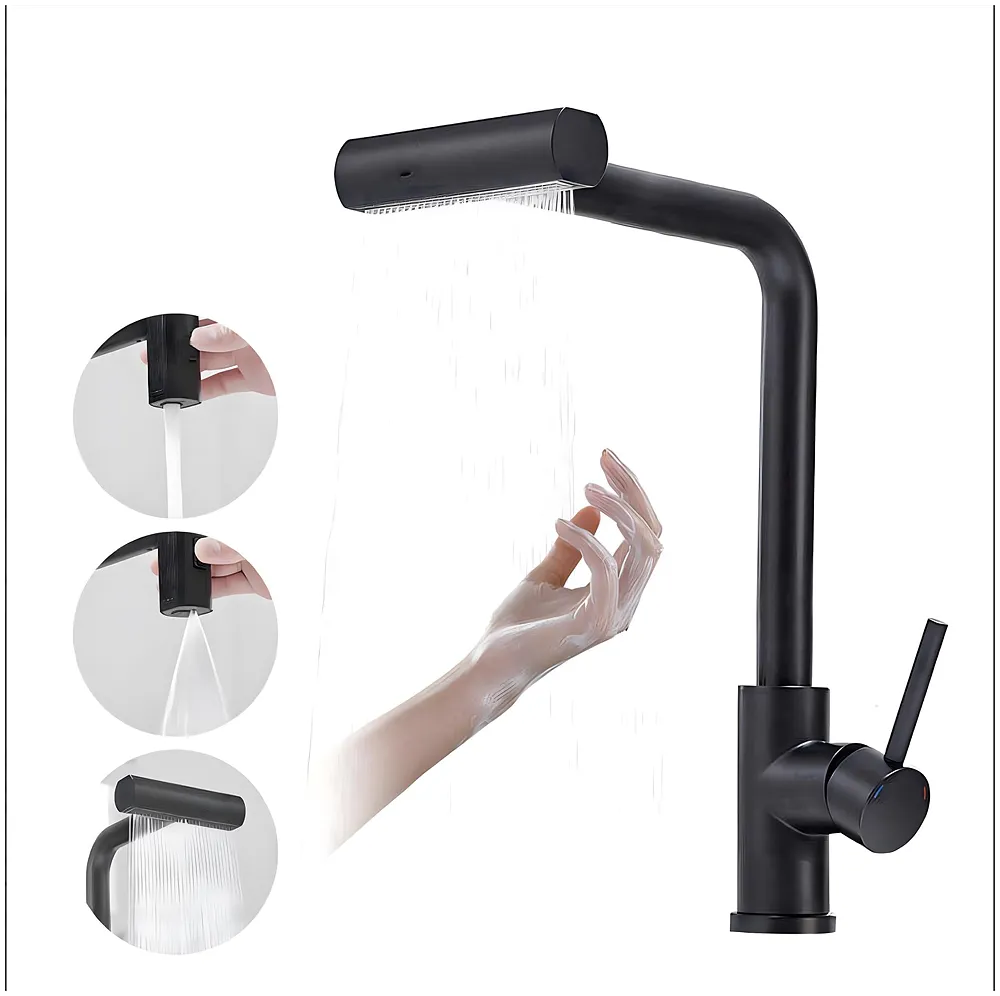 3 in 1 Black Kitchen Faucet. 3 Modes, Swivel Body and Pull Out Sprayer hot and Cold Water Mixer 36 Cm x 14 Cm, 360 Degree Rotation