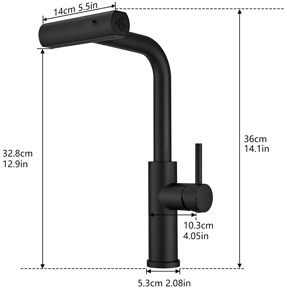3 in 1 Black Kitchen Faucet. 3 Modes, Swivel Body and Pull Out Sprayer hot and Cold Water Mixer 36 Cm x 14 Cm, 360 Degree Rotation
