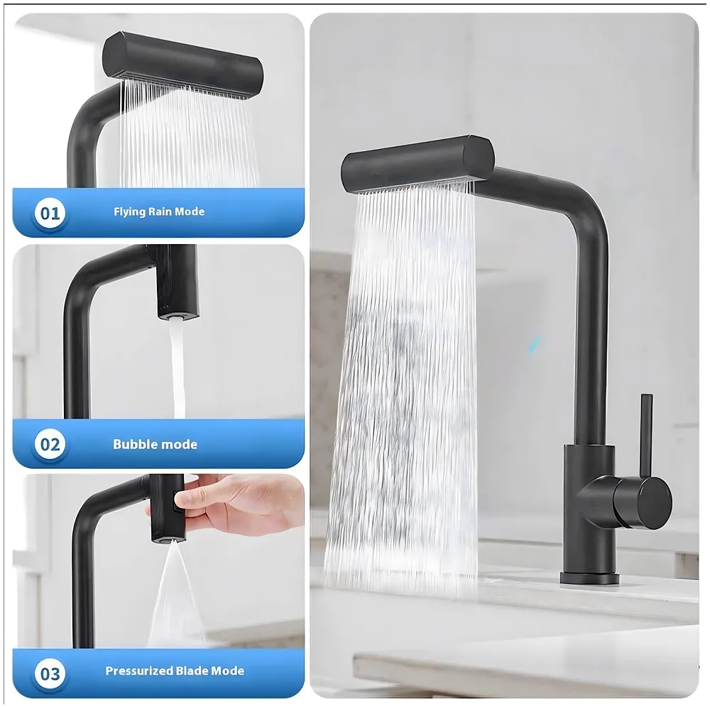 3 in 1 Black Kitchen Faucet. 3 Modes, Swivel Body and Pull Out Sprayer hot and Cold Water Mixer 36 Cm x 14 Cm, 360 Degree Rotation