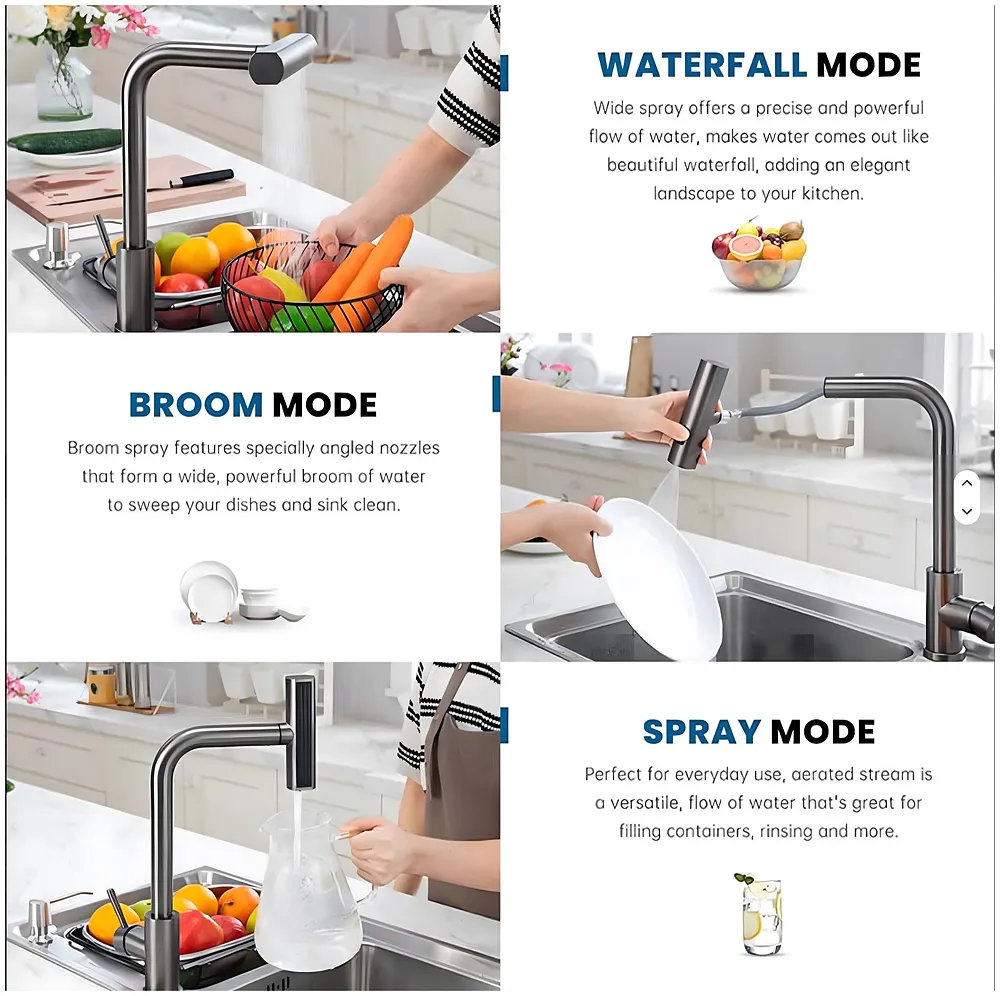 3 in 1 Black Kitchen Faucet. 3 Modes, Swivel Body and Pull Out Sprayer hot and Cold Water Mixer 36 Cm x 14 Cm, 360 Degree Rotation