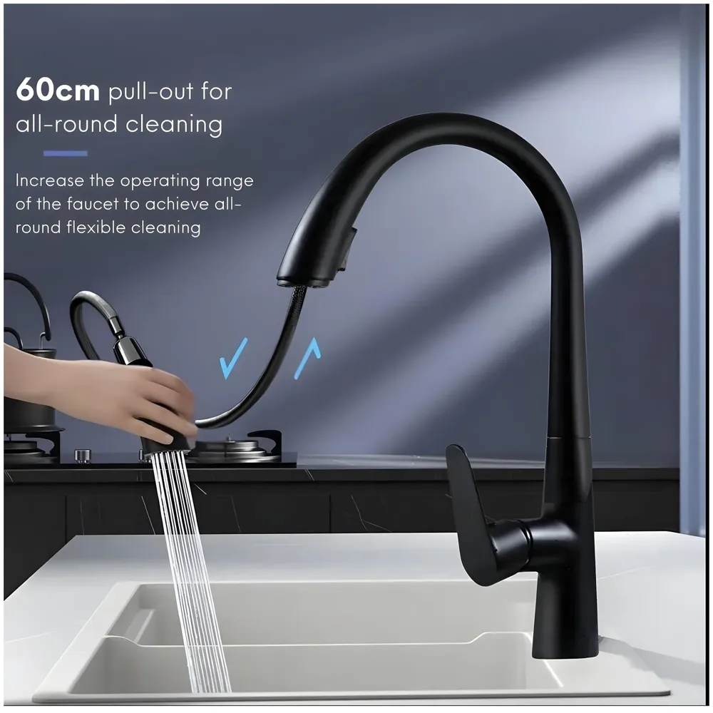 Kitchen Tap Pull Out Kitchen Sink Mixer with 2-Flow Sprayer Black Colour Finish Sink Faucet, Sink Tap, Black, Zinc Material 42.5cm x 26cm Hot and Cold Water - 2