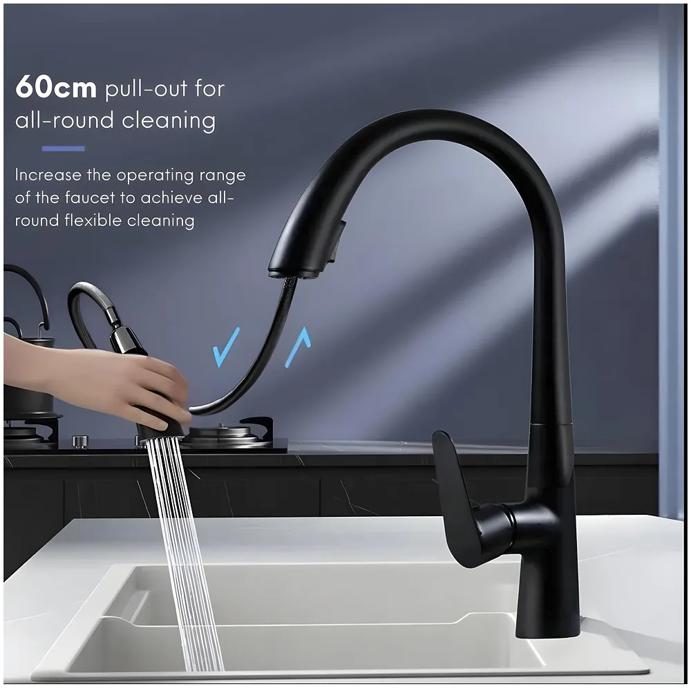 Kitchen Tap Pull Out Kitchen Sink Mixer with 2-Flow Sprayer Black Colour Finish Sink Faucet, Sink Tap, Black, Zinc Material 42.5cm x 26cm Hot and Cold Water - Premium