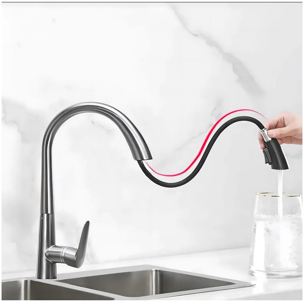 Kitchen Tap Pull Out Kitchen Sink Mixer with 2-Flow Sprayer Grey Matt Finish Sink Faucet, Sink Tap, Dark Grey, Zinc Material 42.5cm x 26cm Hot and Cold Water