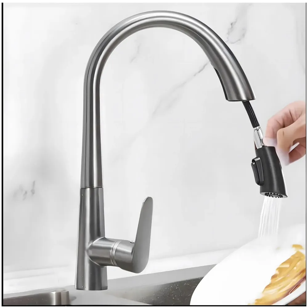 Kitchen Tap Pull Out Kitchen Sink Mixer with 2-Flow Sprayer Grey Matt Finish Sink Faucet, Sink Tap, Dark Grey, Zinc Material 42.5cm x 26cm Hot and Cold Water