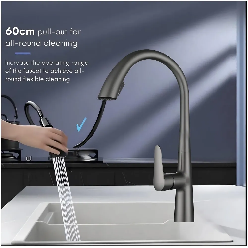 Kitchen Tap Pull Out Kitchen Sink Mixer with 2-Flow Sprayer Grey Matt Finish Sink Faucet, Sink Tap, Dark Grey, Zinc Material 42.5cm x 26cm Hot and Cold Water