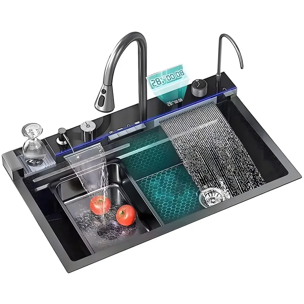 Upgraded Digital Kitchen Sink Multifunctional SS 304 Grade With Scratch Proof 5 Key Buttons With Pull-Down Faucet Digital Display And LED Ambient Light Modular Kitchen Sink (30x18x9 Inches)