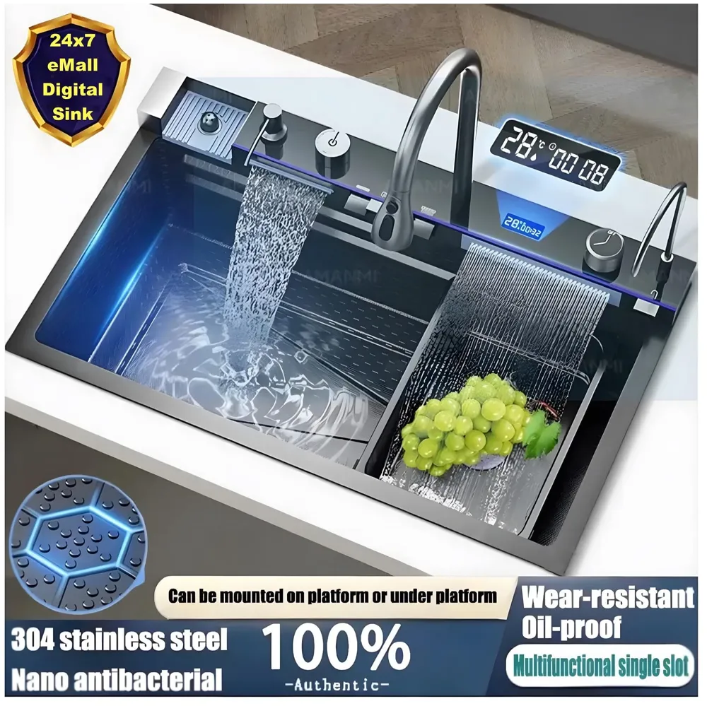 Upgraded Digital Kitchen Sink Multifunctional SS 304 Grade With Scratch Proof 5 Key Buttons With Pull-Down Faucet Digital Display And LED Ambient Light Modular Kitchen Sink (30x18x9 Inches) - 2