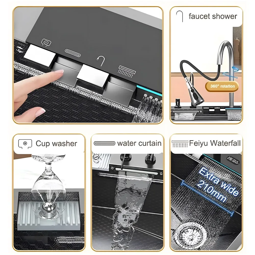 Upgraded Digital Kitchen Sink Multifunctional SS 304 Grade With Scratch Proof 5 Key Buttons With Pull-Down Faucet Digital Display And LED Ambient Light Modular Kitchen Sink (30x18x9 Inches) - 3