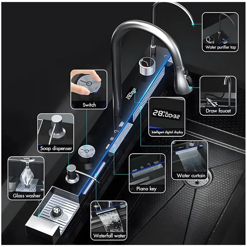 Upgraded Digital Kitchen Sink Multifunctional SS 304 Grade With Scratch Proof 5 Key Buttons With Pull-Down Faucet Digital Display And LED Ambient Light Modular Kitchen Sink (30x18x9 Inches) - 4