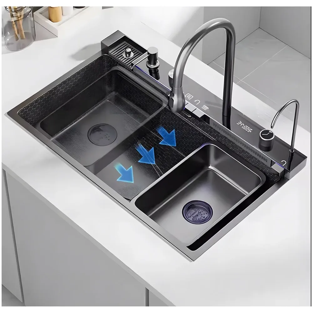 Upgraded Digital Kitchen Sink Multifunctional SS 304 Grade With Scratch Proof 5 Key Buttons With Pull-Down Faucet Digital Display And LED Ambient Light Modular Kitchen Sink (30x18x9 Inches) - 9