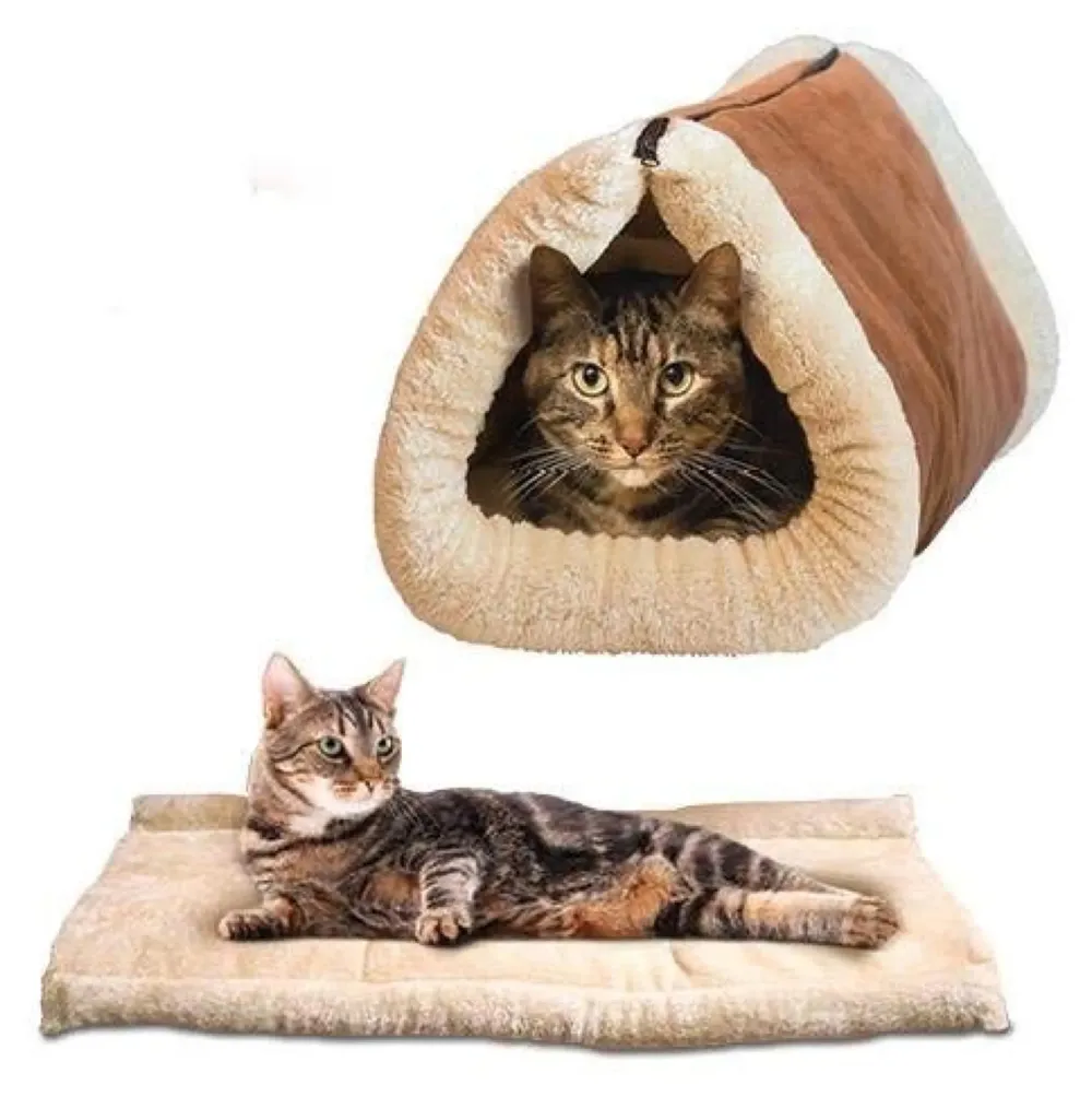 Cat Bed Cave House Bed - Best for Indoor Cats Houses Heated Kitten Warm Pet Self Warming w/Hoods Caves Igloo Covered Pod Felted Faux Felt Wool Cocoon - 2-in-1 Fleece Tunnel Tube Mat Pad