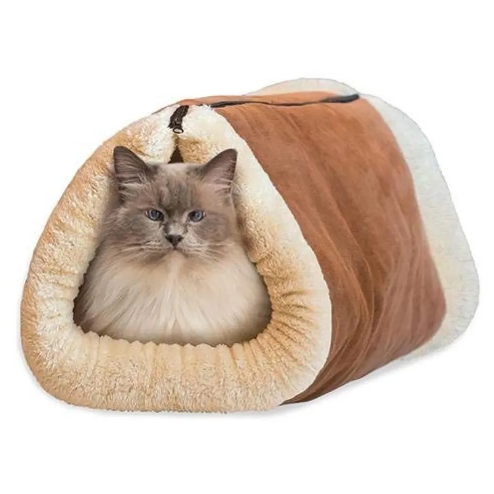 Cat Bed Cave House Bed - Best for Indoor Cats Houses Heated Kitten Warm Pet Self Warming w/Hoods Caves Igloo Covered Pod Felted Faux Felt Wool Cocoon - 2-in-1 Fleece Tunnel Tube Mat Pad